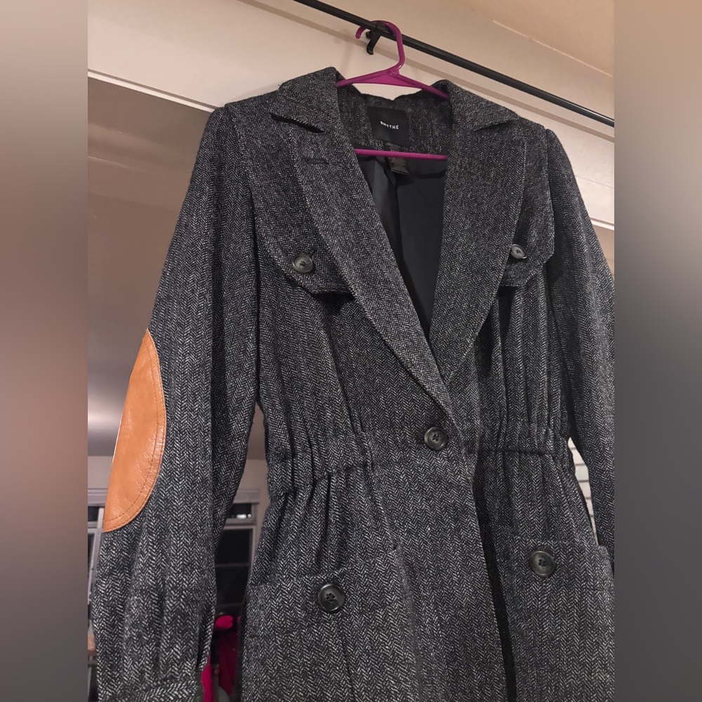 SMYTHE Women's Extra Small Gray Wool Spencer Jacket with Tan Leather Accents - Picture 2 of 7